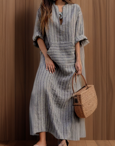 Hailey™ - Casual maxi-jurk met vintage strepen en V-hals