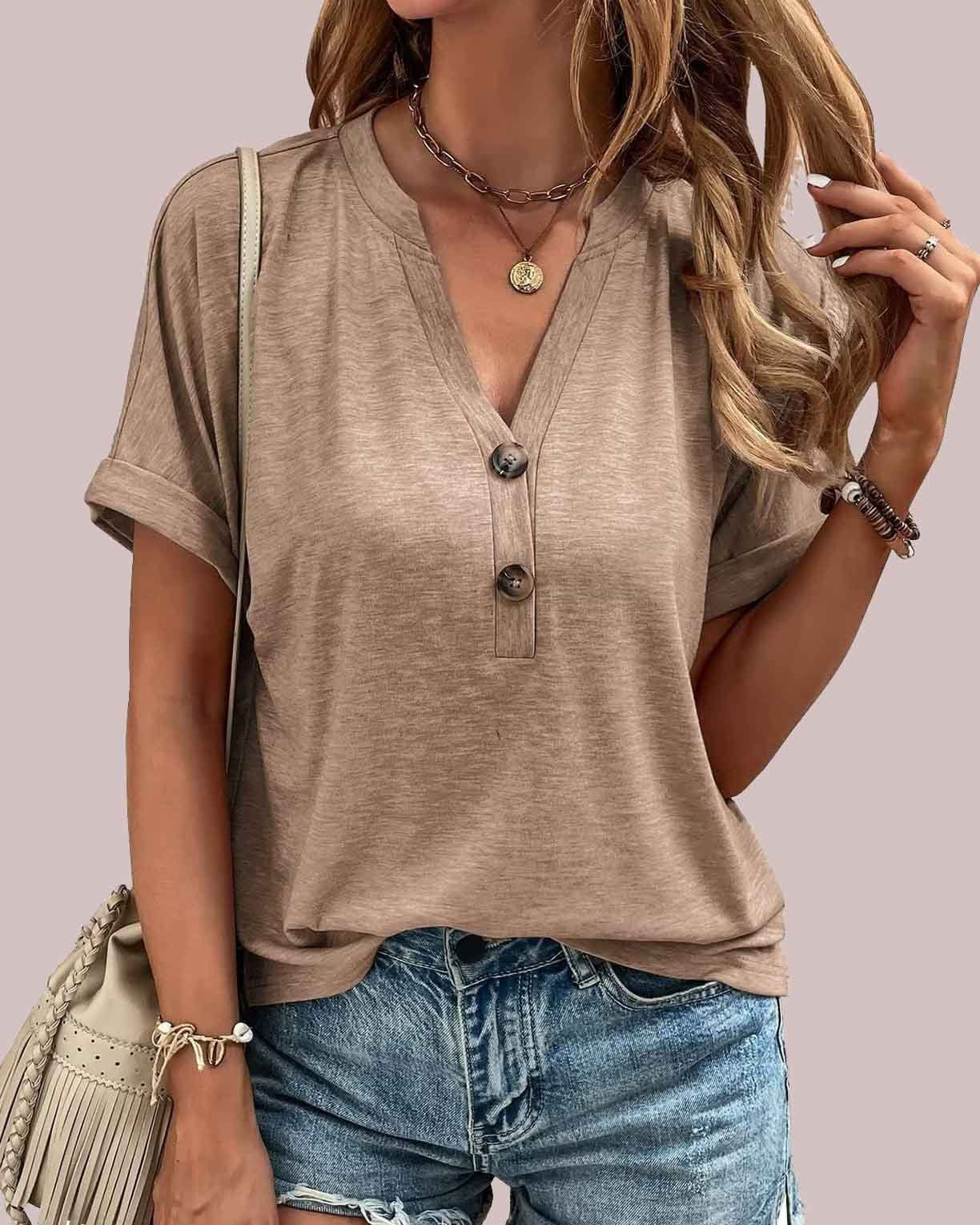 Rey - Schöne V-Ausschnitt Knopf Bluse für Damen